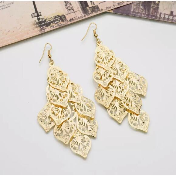 Elena Gold Leaf Chandelier Earrings - Picture 8 of 9